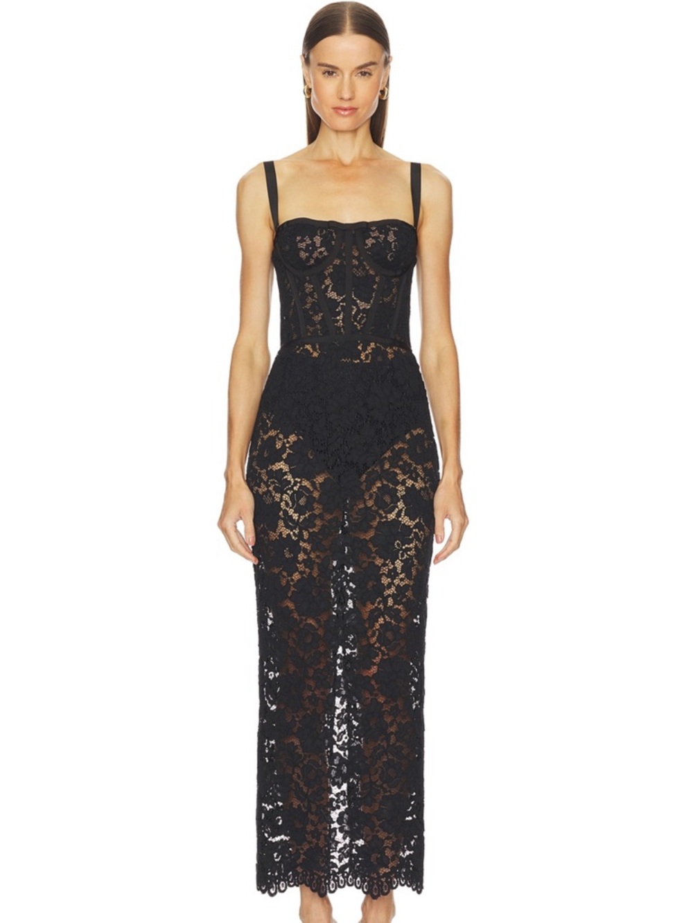 Black Lace Midi Dress with Corset Bodice and Sheer Skirt